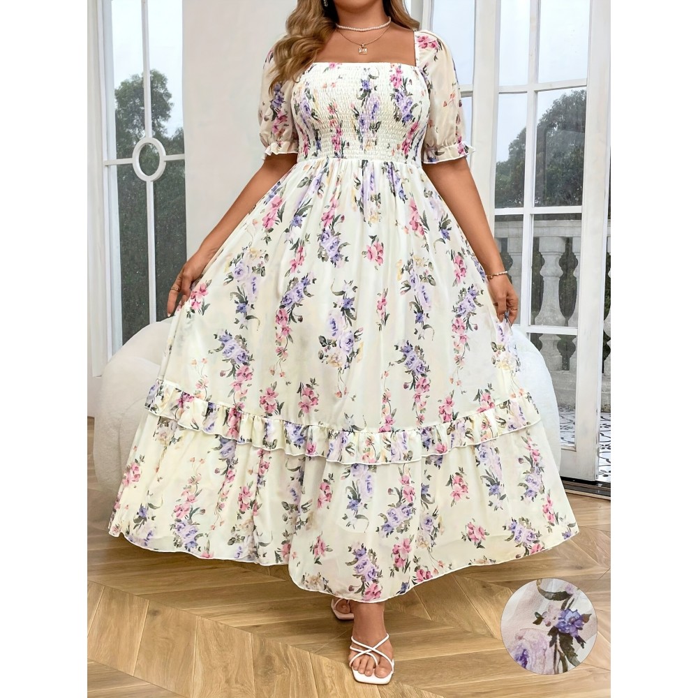 [Floral Print Dress] Plus Size Elegant Floral Print Midi Dress with Puff Sleeves and Ruched Waist - White with Pink and Purple Flowers, Perfect for Casual Outings