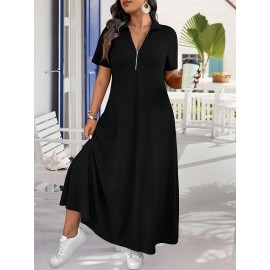 Elegant Plus Size French-Inspired Summer Dress • Waist-Cinching • Short Sleeves • Zipper Detail • Solid Color • Pockets • Flowy Skirt