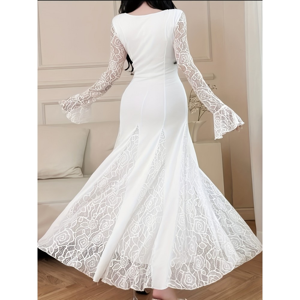 [Elegant Plus Size Dress] Elegant Plus Size Lace-Trimmed Long Sleeve Dress | White Bodycon with Floral Pattern, High Neck, Flowing Skirt, Stretchy Fabric - Perfect for Weddings & Formal Events