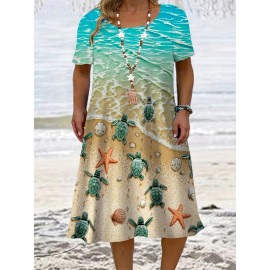 Plus Size Women's Tropical Marine Life Print Casual Dress - Soft Breathable Fabric, Loose Fit with Pockets, Vibrant Starfish & Turtle Design, Machine Washable for Spring Summer Fall Beach Outings, Beach Dress, Summer Outfit, Relaxed Fit