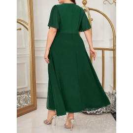 Plus Size - 2025 New Plus-Size Women'S Summer Dress with a Waist-Cinching Design That Flatters The Figure, Elegantly Concealing The Belly, Featuring a Stylish Faux Two-Piece A-Line Silhouette.