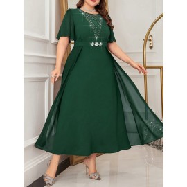 Plus Size - 2025 New Plus-Size Women'S Summer Dress with a Waist-Cinching Design That Flatters The Figure, Elegantly Concealing The Belly, Featuring a Stylish Faux Two-Piece A-Line Silhouette.