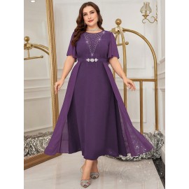 Plus Size - 2025 New Plus-Size Women'S Summer Dress with a Waist-Cinching Design That Flatters The Figure, Elegantly Concealing The Belly, Featuring a Stylish Faux Two-Piece A-Line Silhouette.