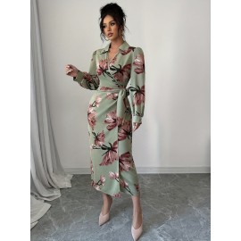 Plus Size, Women's Floral Print maxi Dress - Elegant V-Neck Long Formal & Casual Dresses, Non-Stretchy Fabric, Machine Washable for Wedding, Party, Everyday Outfits - Plus Size Friendly, Cute Dresses