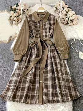 [Elegant Plaid Dress] Plus Size Elegant Women's Plaid Long Sleeve Dress | Brown & Beige Checkered Pattern, Contrast Collar, Button-Up Front, Flowy A-Line Silhouette - Perfect for Spring/Fall Casual or Formal Occasions, Polyester Fabric