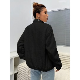 Plus Size, Plus Size Women's Elegant Casual Double-Faced Fleece-Lined Jacket with Ribbed Cuffs & High Neck, 100% Polyester Machine-Washable All-Season Outerwear, Black