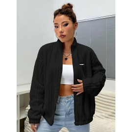 Plus Size, Plus Size Women's Elegant Casual Double-Faced Fleece-Lined Jacket with Ribbed Cuffs & High Neck, 100% Polyester Machine-Washable All-Season Outerwear, Black