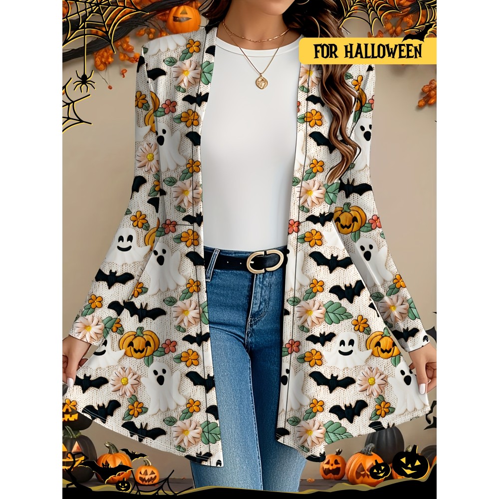 Plus Size, Women's Plus Size Halloween Pumpkin Bat Flower Print Long Sleeve Jacket Cardigan Coat