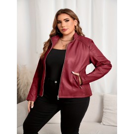 [Brown Biker Jacket] Brown Faux Leather Plus Size Women's Casual Biker Jacket | Short Motorcycle Jacket with Zipper Closure, Turn-Collar & Long Sleeves for Spring/Fall, Versatile Outerwear, Sleek Design, Durable Fabric