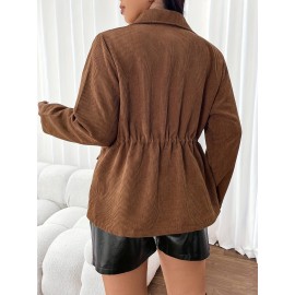 Plus Size, French Elegant Drawstring Waist Women's Plus Size Jacket with Turn- Collar Long Sleeve Pocket Casual Solid Color Blazer
