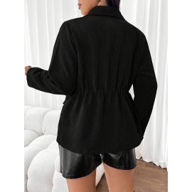 Plus Size, French Elegant Drawstring Waist Women's Plus Size Jacket with Turn- Collar Long Sleeve Pocket Casual Solid Color Blazer