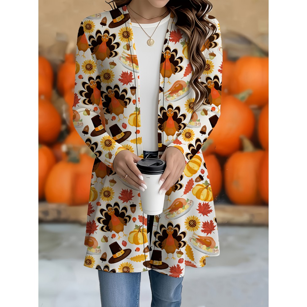 [Plus Size Turkey Cardigan] Plus Size Women's Thanksgiving Turkey Print Long Sleeve Cardigan | Lightweight Open Front, Stretchy Machine-Washable, Versatile Layering, Seasonal Fashion, Durable, Breathable