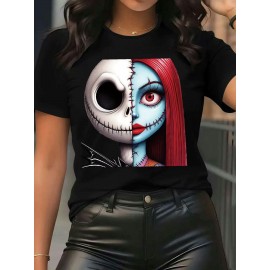 Women'S Casual Graphic T-Shirt - Black Short Sleeve Round Neck Tee with Jack Skellington & Sally Design, Stretchy Polyester Blend, Perfect for Spring/Summer/Fall, Casual Wear | Playful Design | Stretchy Fabric