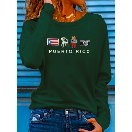 [Stretchy Puerto Rico T-Shirt] Stretchy Polyester Women's Puerto Rico Flag Cartoon Frog Graphic Long Sleeve T-Shirt | Casual Round Neck Top for Spring & Summer Vacation, Machine Washable, Playful Design