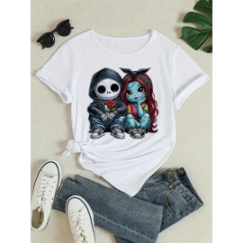 [Jack Skellington | Sally] Women's Jack Skellington & Sally Graphic Print T-Shirt | Casual Short Sleeve, Soft Stretch Round Neck, Machine Washable | The Nightmare Before Christmas Gift, Seasonal Comfortable Everyday Shirt