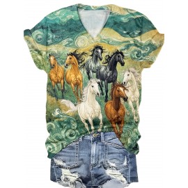 Women'S Casual V-Neck Short Sleeve T-Shirt with Horse & Swirl Print - Relaxed Fit All-Season Comfort, Vibrant Colors, Breathable Fabric for Casual Attire