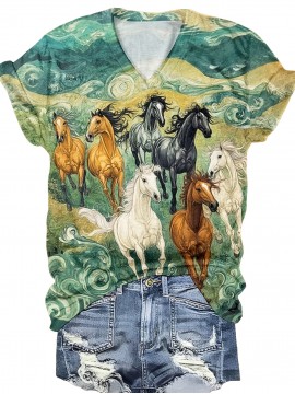 Women'S Casual V-Neck Short Sleeve T-Shirt with Horse & Swirl Print - Relaxed Fit All-Season Comfort, Vibrant Colors, Breathable Fabric for Casual Attire