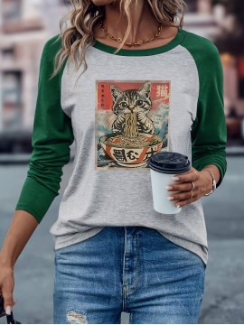 Women's Retro Anime Cat Eating Ramen Graphic Raglan Long Sleeve T-Shirt - Color Block Casual Top with Japanese-Inspired Design, Soft Stretch Fabric, Machine Washable for Spring/Fall, Spring Fall Apparel, Playful Design, Comfortable Fit