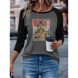 Women's Retro Anime Cat Eating Ramen Graphic Raglan Long Sleeve T-Shirt - Color Block Casual Top with Japanese-Inspired Design, Soft Stretch Fabric, Machine Washable for Spring/Fall, Spring Fall Apparel, Playful Design, Comfortable Fit