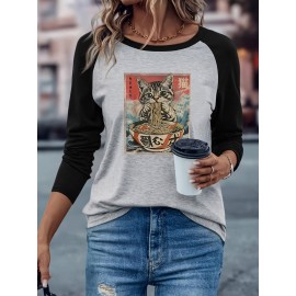 Women's Retro Anime Cat Eating Ramen Graphic Raglan Long Sleeve T-Shirt - Color Block Casual Top with Japanese-Inspired Design, Soft Stretch Fabric, Machine Washable for Spring/Fall, Spring Fall Apparel, Playful Design, Comfortable Fit