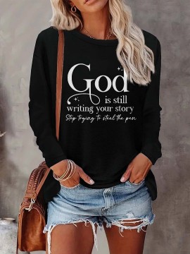 Women'S Casual Long Sleeve Crew Neck Top with Inspirational 