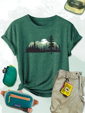 Women'S Casual Forest Print T-Shirt - Breathable Short Sleeve Crew Neck, Dopamine Design, Versatile Outdoor & Top for Spring/Summer/Fall, Forest Shirt