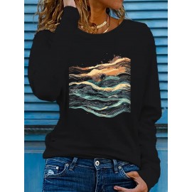 Women's West Coast Surf Gradient Tie-Dye Long Sleeve T-Shirt, Bright Yellow Crew Neck with Artistic Ocean Wave Print, Stretchy Polyester Blend, Casual Spring/Summer Sportswear, Machine Washable, Beach Wear