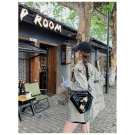 Women's Geometric Print Casual Coat - Loose Fit Mid-Length Jacket with Buttons, 100% Polyester, All-Season Versatile Outerwear