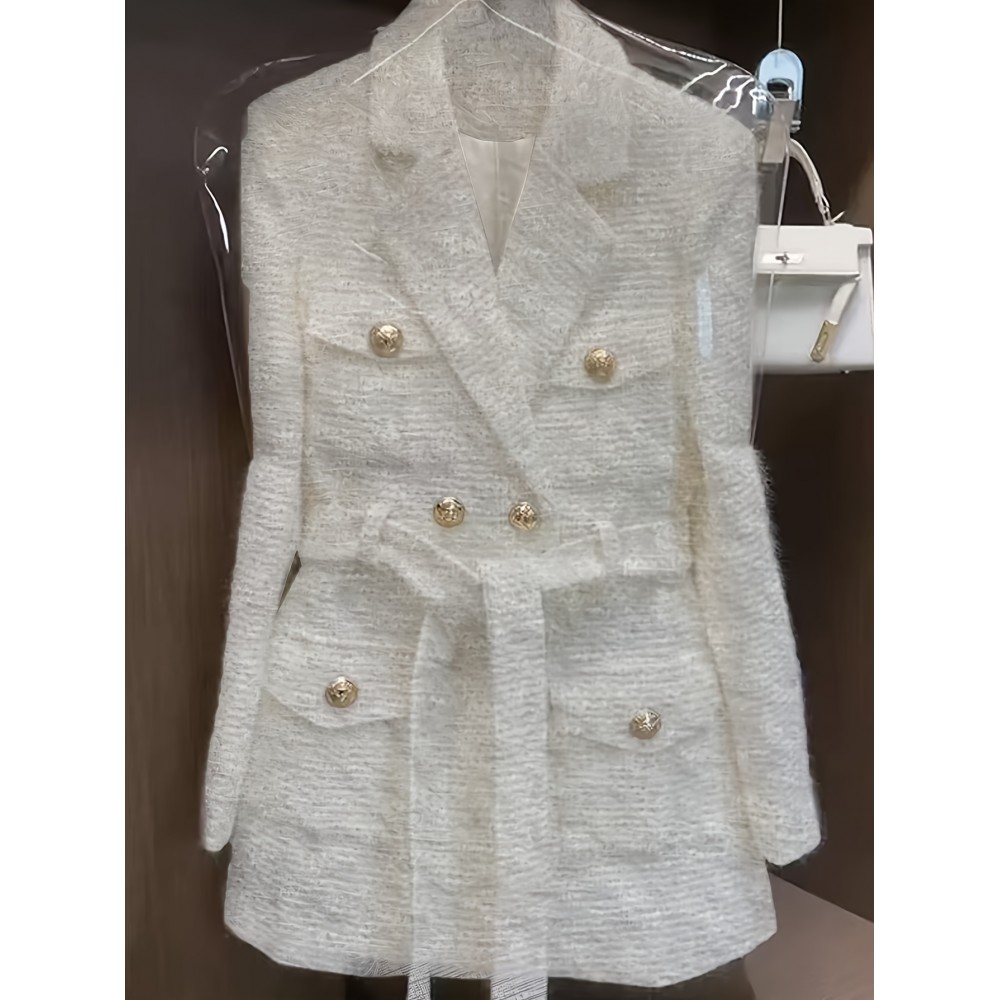 [Elegant Coat] Long Sleeve Elegant Belted Coat | Structured H-Silhouette Jacket with Golden-Tone Buttons & Fur-Lined Cuffs, Machine Washable Solid Color Outerwear for Spring/Fall