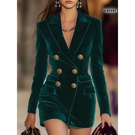 [Double-Breasted Blazer] Green Velvet Double-Breasted Women's Mid-Length Blazer | Polyester Blend, Long Sleeve, Button Detail, H-Line Silhouette, Notch Lapel, Perfect for Spring/Fall