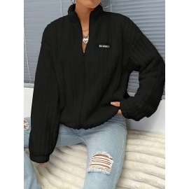Plus Size, Plus Size Women's Elegant Casual Double-Faced Fleece-Lined Jacket with Ribbed Cuffs & High Neck, 100% Polyester Machine-Washable All-Season Outerwear, Black