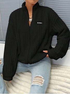 Plus Size, Plus Size Women's Elegant Casual Double-Faced Fleece-Lined Jacket with Ribbed Cuffs & High Neck, 100% Polyester Machine-Washable All-Season Outerwear, Black