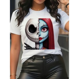 Women'S Casual Graphic T-Shirt - Black Short Sleeve Round Neck Tee with Jack Skellington & Sally Design, Stretchy Polyester Blend, Perfect for Spring/Summer/Fall, Casual Wear | Playful Design | Stretchy Fabric