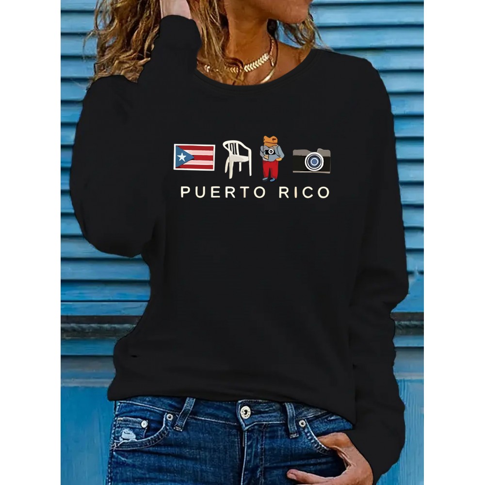 [Stretchy Puerto Rico T-Shirt] Stretchy Polyester Women's Puerto Rico Flag Cartoon Frog Graphic Long Sleeve T-Shirt | Casual Round Neck Top for Spring & Summer Vacation, Machine Washable, Playful Design
