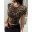 Women'S Sexy Leopard Print Crew Neck Short Sleeve Pullover Top, Polyester, Medium Stretch, Regular Length, Regular Sleeve, No Belt, Skin Fit