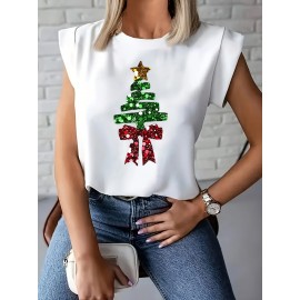 Holiday Cheer| Festive Yellow Christmas Tree Print T-Shirt for Women - Soft Stretch Fabric, Round Neck, Sleeveless Design with Glittery Star & Bow Detail, Machine Washable, Perfect for All Seasons, Christmas Garland