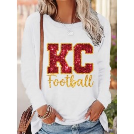KC Football Long Sleeve Crew Neck T-Shirt - Casual, Alphabet Pattern, Regular Fit, Polyester Knit Fabric, All Seasons, No Belt, Long Sleeve, Regular Sleeve, No Chest Pad, Pullovers, Fabric Weight 180 g/m²