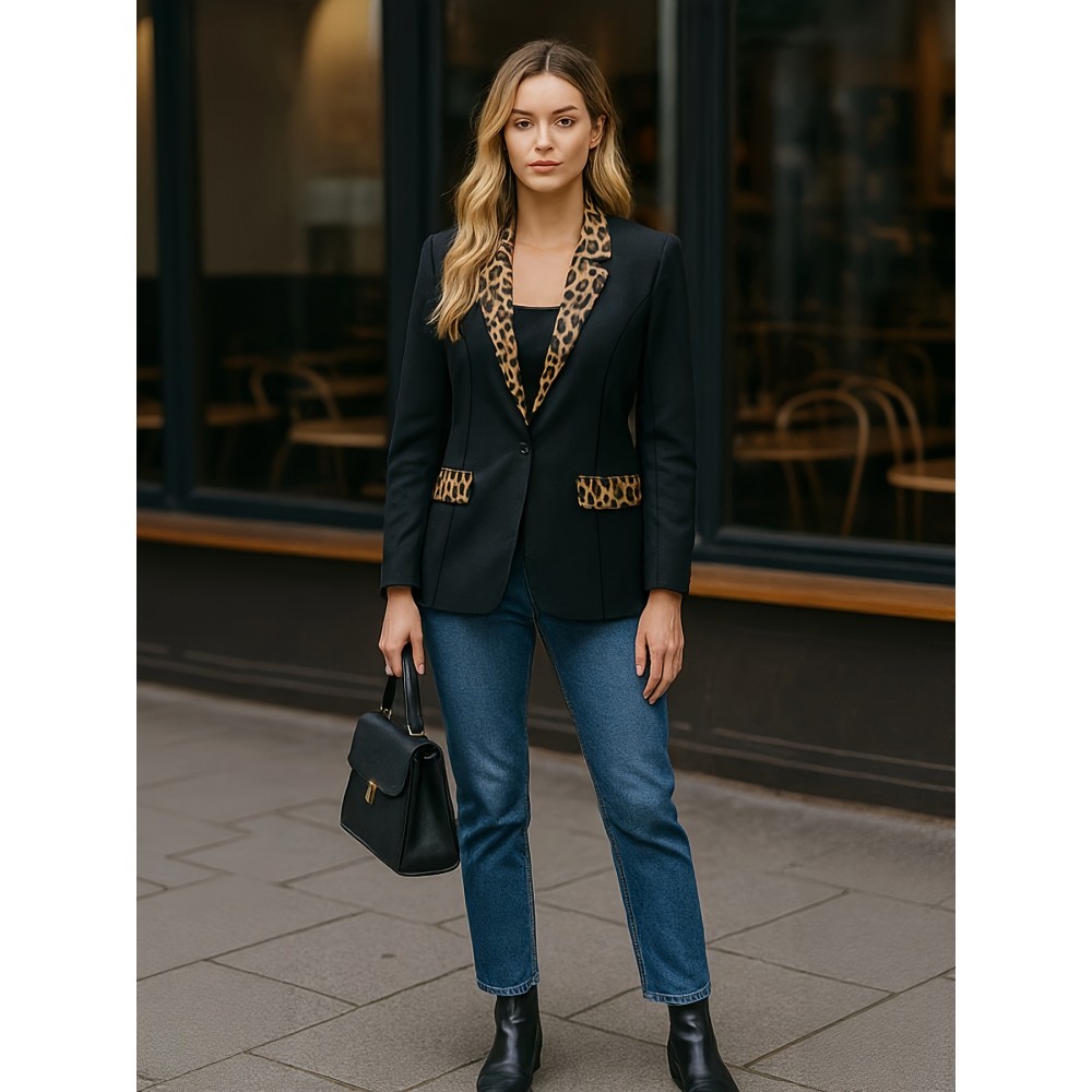 Women's Professional Blazer - Elegant Black & Golden button-front Jacket, Structured H-Silhouette for Office, Formal Events, Everyday - Machine Washable Non-Stretch Blazer Coat